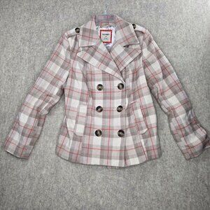 Old Navy Womens Plaid Double-Breasted Peacoat Beige/Red Size Large Lined